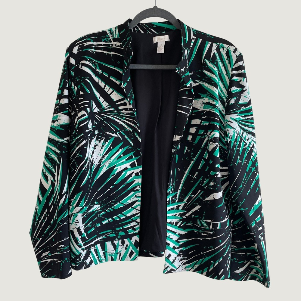 Chico's‎ Blazer Women L Green Black Palm Leaf Print Open Front Jacket